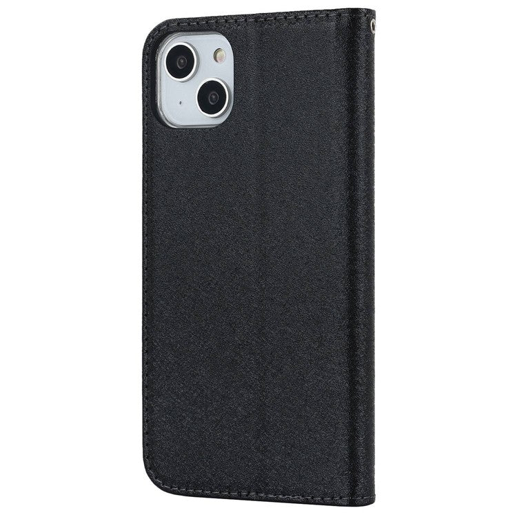 For iPhone 14 6.1 inch PU Leather Silk Texture Anti-wear Phone Case Stand Anti-shock Wallet Shell with Wrist Strap - Black