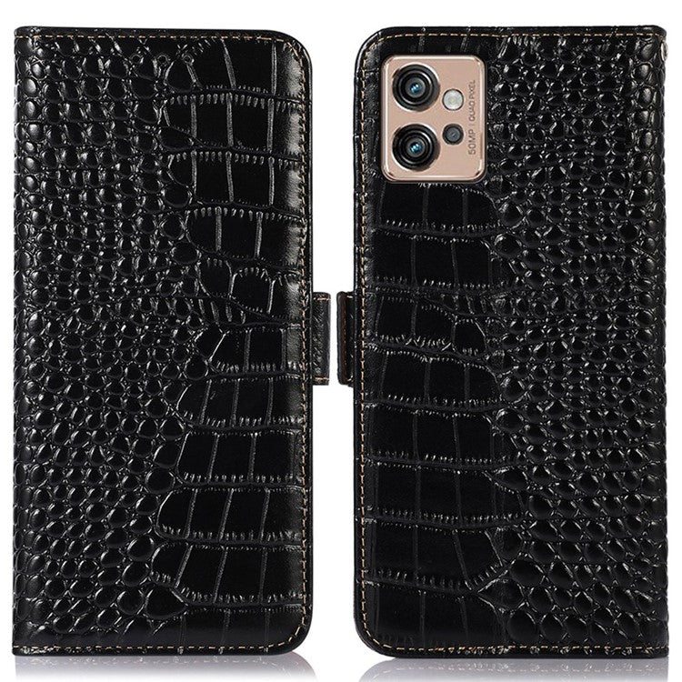 For Motorola Moto G32 4G Anti-scratch Shockproof Crocodile Texture Case RFID Blocking Genuine Cowhide Leather Wallet Phone Shell - Black