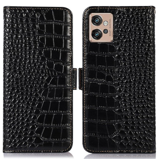 For Motorola Moto G32 4G Anti-scratch Shockproof Crocodile Texture Case RFID Blocking Genuine Cowhide Leather Wallet Phone Shell - Black