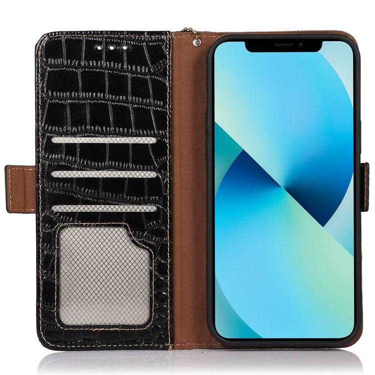 For Motorola Moto G32 4G Anti-scratch Shockproof Crocodile Texture Case RFID Blocking Genuine Cowhide Leather Wallet Phone Shell - Black