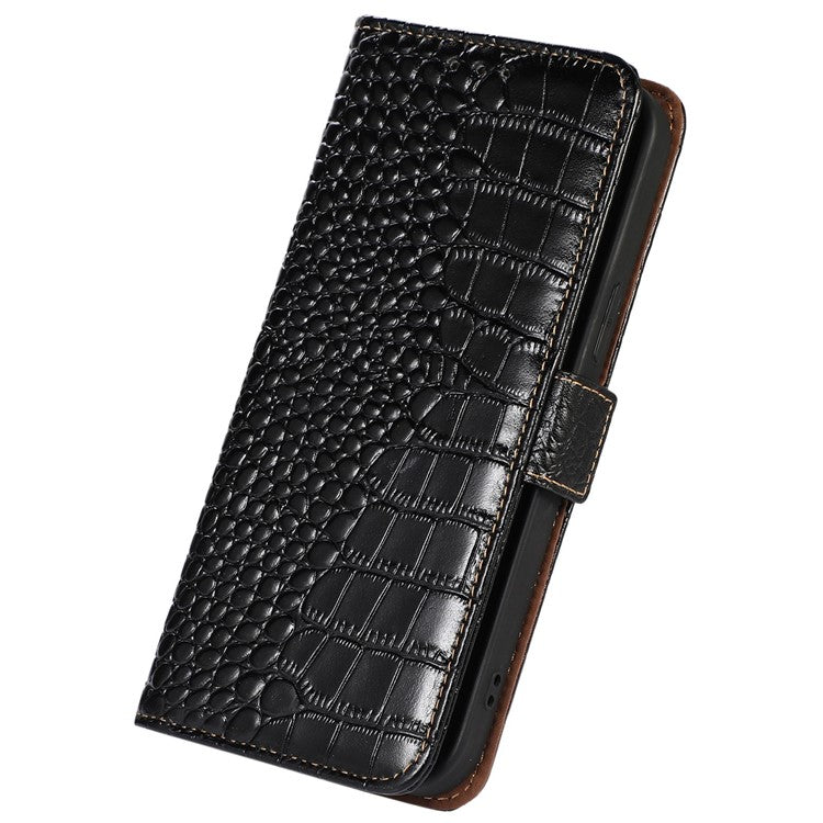 For Motorola Moto G32 4G Anti-scratch Shockproof Crocodile Texture Case RFID Blocking Genuine Cowhide Leather Wallet Phone Shell - Black