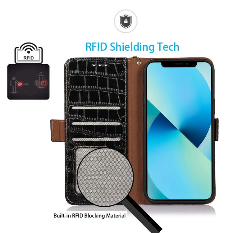 For Motorola Moto G32 4G Anti-scratch Shockproof Crocodile Texture Case RFID Blocking Genuine Cowhide Leather Wallet Phone Shell - Black