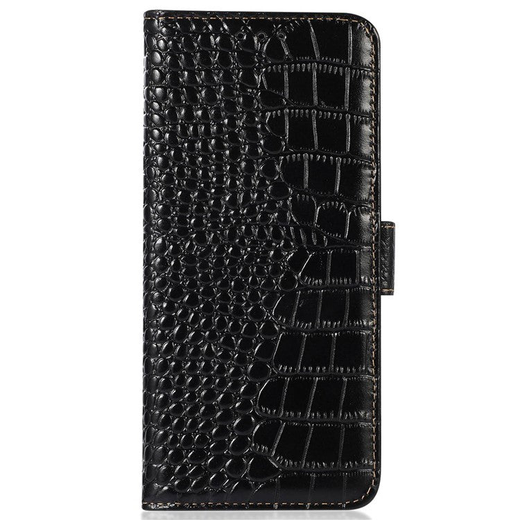 For Motorola Moto G32 4G Anti-scratch Shockproof Crocodile Texture Case RFID Blocking Genuine Cowhide Leather Wallet Phone Shell - Black