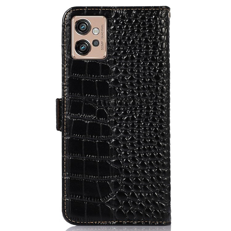 For Motorola Moto G32 4G Anti-scratch Shockproof Crocodile Texture Case RFID Blocking Genuine Cowhide Leather Wallet Phone Shell - Black