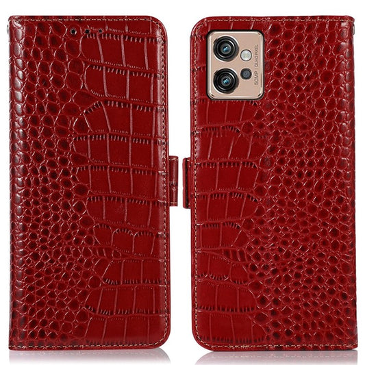 For Motorola Moto G32 4G Anti-scratch Shockproof Crocodile Texture Case RFID Blocking Genuine Cowhide Leather Wallet Phone Shell - Red