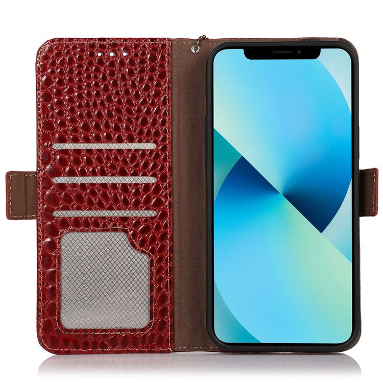 For Motorola Moto G32 4G Anti-scratch Shockproof Crocodile Texture Case RFID Blocking Genuine Cowhide Leather Wallet Phone Shell - Red