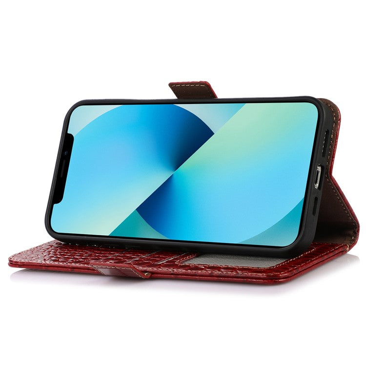 For Motorola Moto G32 4G Anti-scratch Shockproof Crocodile Texture Case RFID Blocking Genuine Cowhide Leather Wallet Phone Shell - Red