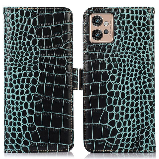 For Motorola Moto G32 4G Anti-scratch Shockproof Crocodile Texture Case RFID Blocking Genuine Cowhide Leather Wallet Phone Shell - Green