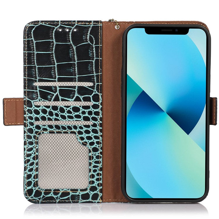 For Motorola Moto G32 4G Anti-scratch Shockproof Crocodile Texture Case RFID Blocking Genuine Cowhide Leather Wallet Phone Shell - Green