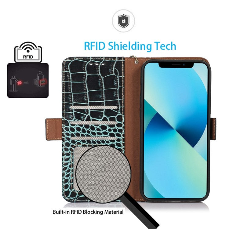 For Motorola Moto G32 4G Anti-scratch Shockproof Crocodile Texture Case RFID Blocking Genuine Cowhide Leather Wallet Phone Shell - Green