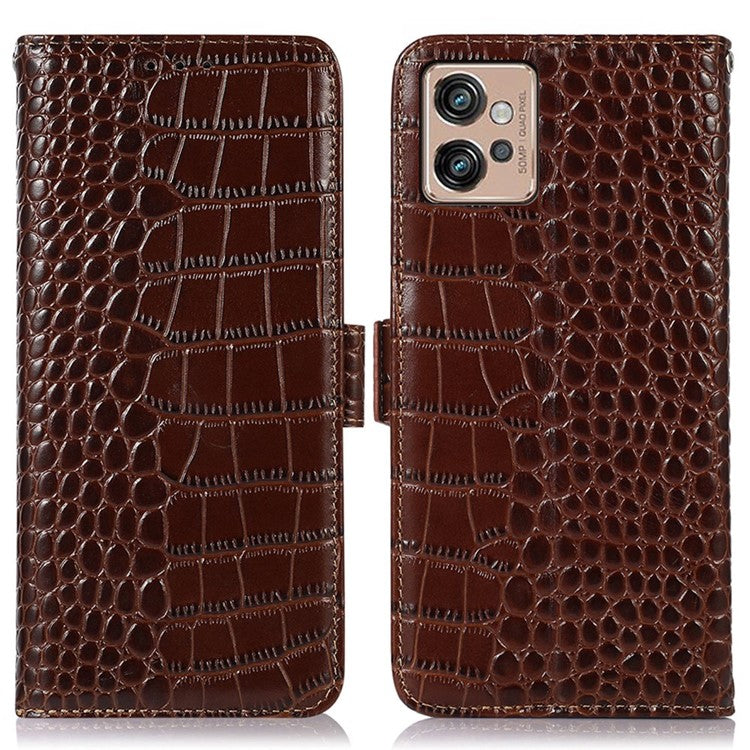 For Motorola Moto G32 4G Anti-scratch Shockproof Crocodile Texture Case RFID Blocking Genuine Cowhide Leather Wallet Phone Shell - Brown