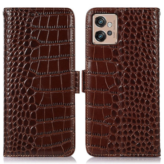 For Motorola Moto G32 4G Anti-scratch Shockproof Crocodile Texture Case RFID Blocking Genuine Cowhide Leather Wallet Phone Shell - Brown