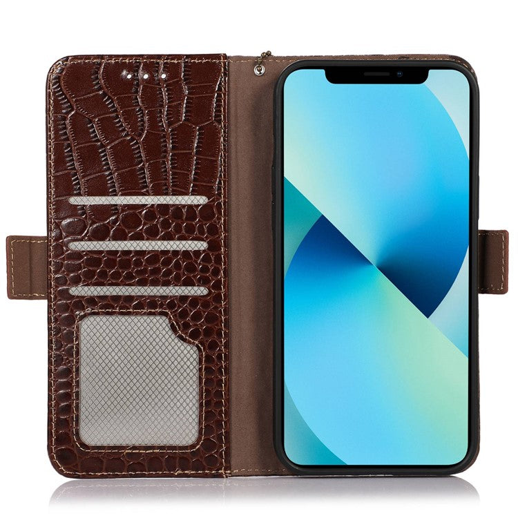 For Motorola Moto G32 4G Anti-scratch Shockproof Crocodile Texture Case RFID Blocking Genuine Cowhide Leather Wallet Phone Shell - Brown