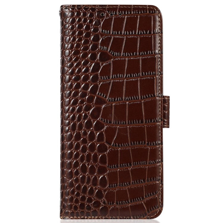 For Motorola Moto G32 4G Anti-scratch Shockproof Crocodile Texture Case RFID Blocking Genuine Cowhide Leather Wallet Phone Shell - Brown
