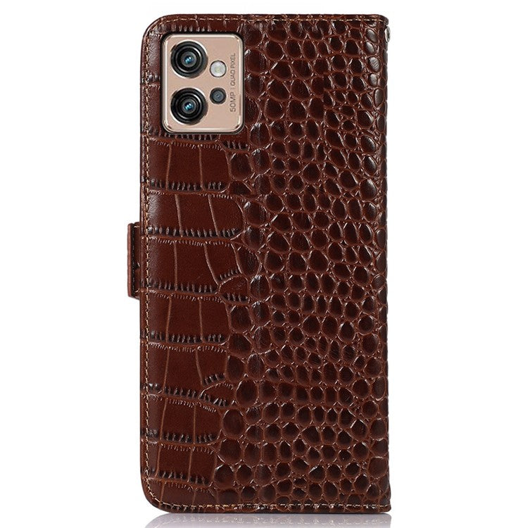 For Motorola Moto G32 4G Anti-scratch Shockproof Crocodile Texture Case RFID Blocking Genuine Cowhide Leather Wallet Phone Shell - Brown
