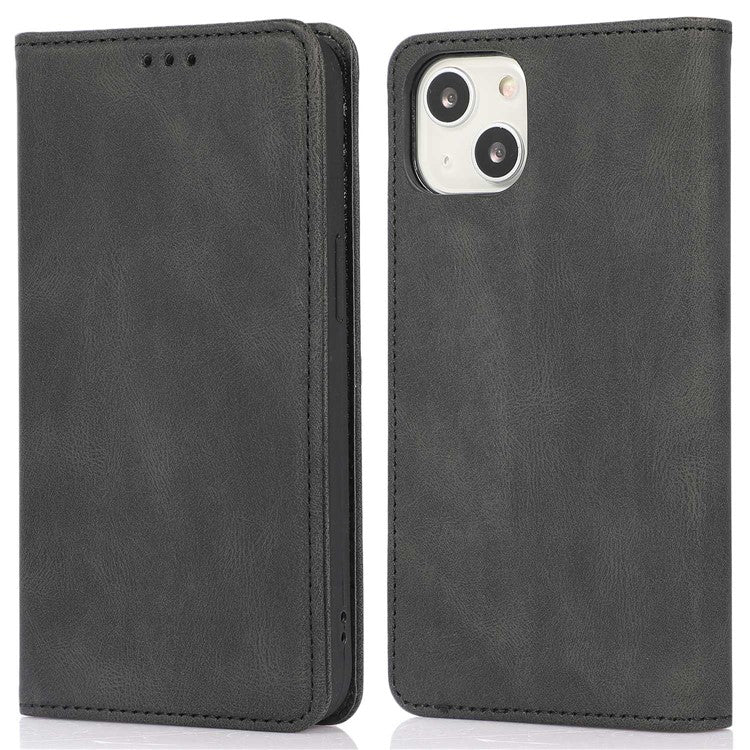 For iPhone 14 6.1 inch Wallet Phone Case Magnetic Closure PU Leather Anti-Drop Cover with Stand - Black