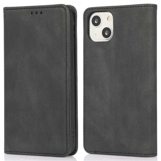 For iPhone 14 6.1 inch Wallet Phone Case Magnetic Closure PU Leather Anti-Drop Cover with Stand - Black