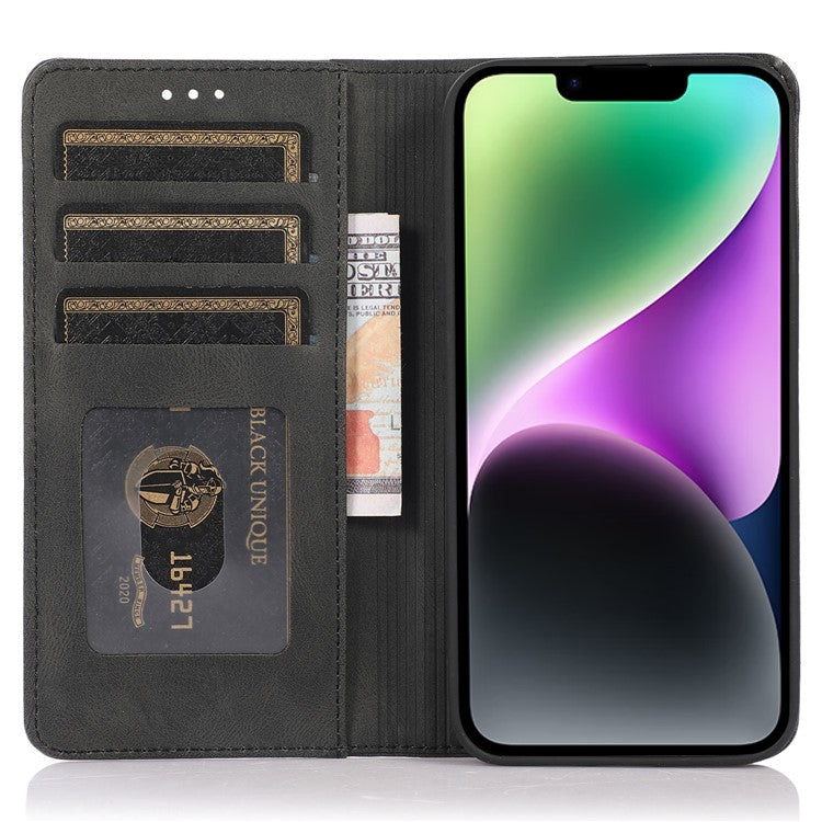 For iPhone 14 6.1 inch Wallet Phone Case Magnetic Closure PU Leather Anti-Drop Cover with Stand - Black