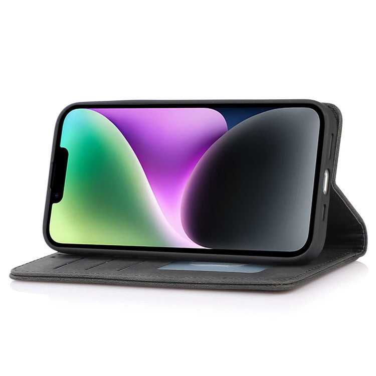 For iPhone 14 6.1 inch Wallet Phone Case Magnetic Closure PU Leather Anti-Drop Cover with Stand - Black