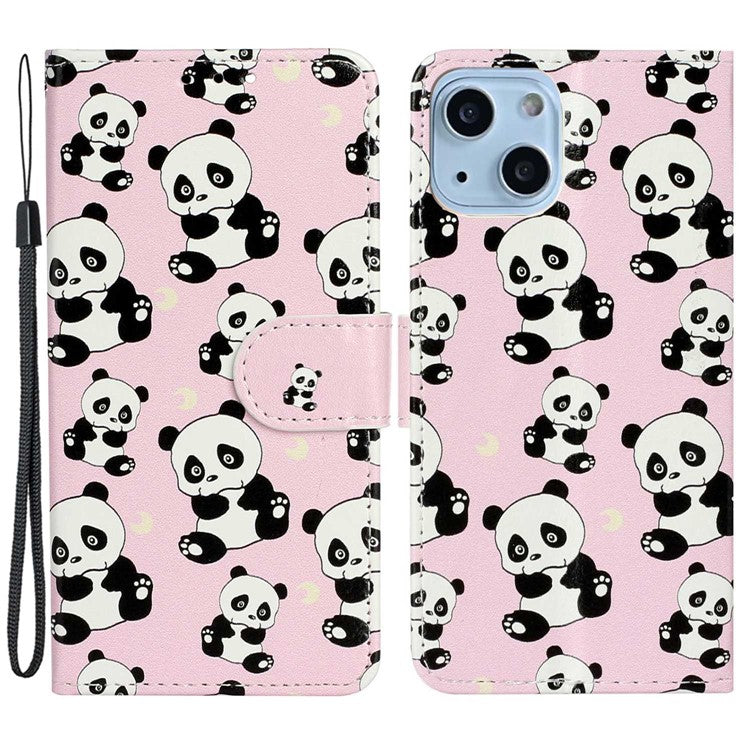 Pattern Embossed Phone Case for iPhone 14 6.1 inch, PU Leather TPU Wallet Stand Shockproof Cover with Hand Strap - Panda