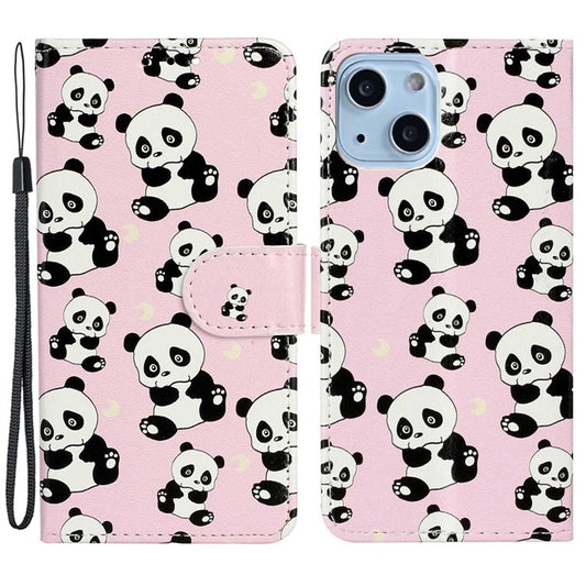 Pattern Embossed Phone Case for iPhone 14 6.1 inch, PU Leather TPU Wallet Stand Shockproof Cover with Hand Strap - Panda