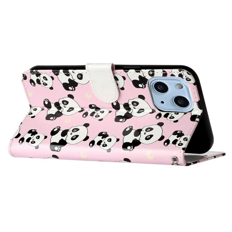 Pattern Embossed Phone Case for iPhone 14 6.1 inch, PU Leather TPU Wallet Stand Shockproof Cover with Hand Strap - Panda