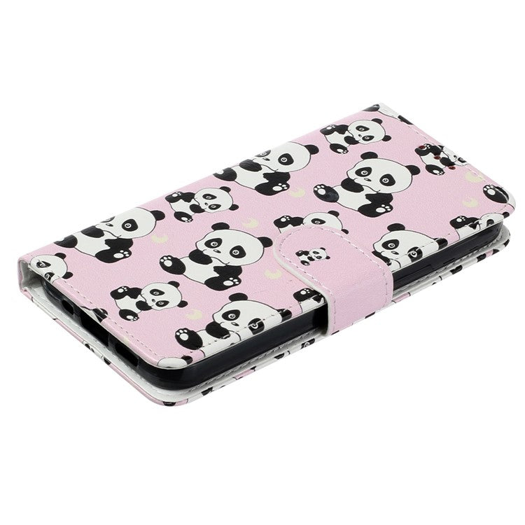 Pattern Embossed Phone Case for iPhone 14 6.1 inch, PU Leather TPU Wallet Stand Shockproof Cover with Hand Strap - Panda