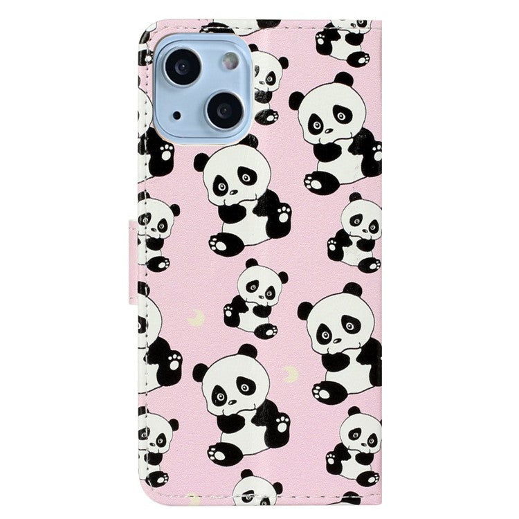 Pattern Embossed Phone Case for iPhone 14 6.1 inch, PU Leather TPU Wallet Stand Shockproof Cover with Hand Strap - Panda