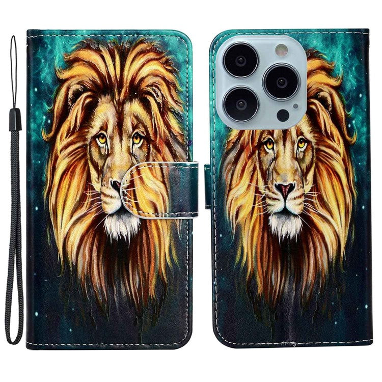 For iPhone 14 Pro 6.1 inch Pattern Embossed Phone Cover PU Leather TPU Full Protection Stand Wallet Case with Hand Strap - Lion