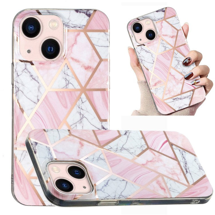 For iPhone 14 6.1 inch TPU Phone Case Electroplating Splicing Marble Pattern Phone Cover - White Gravel / Pink Marble