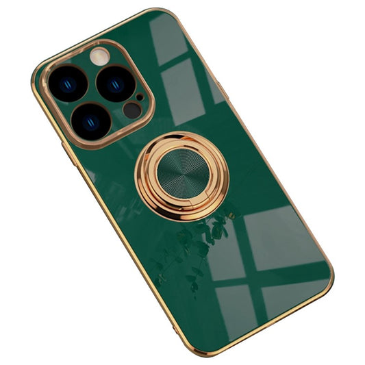 Anti-fall Phone Case Kickstand For iPhone 14 Pro Max 6.7 inch, Ring Holder 9D Electroplating Precise Cutout Ultra Slim Phone Back Cover - Dark Green
