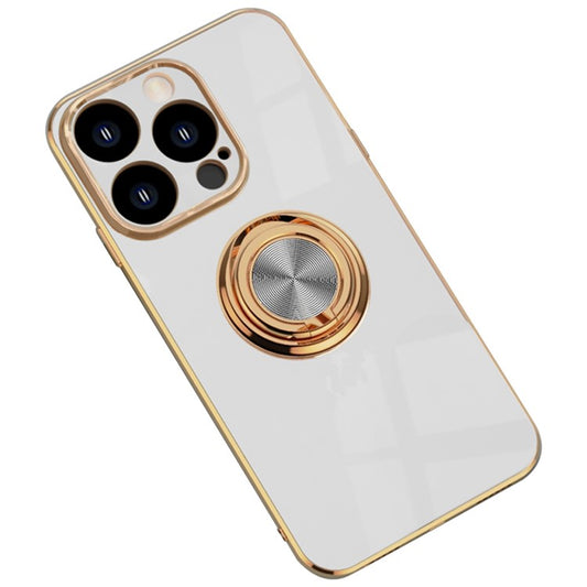 Anti-fall Phone Case Kickstand For iPhone 14 Pro Max 6.7 inch, Ring Holder 9D Electroplating Precise Cutout Ultra Slim Phone Back Cover - White