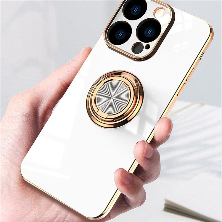 Anti-fall Phone Case Kickstand For iPhone 14 Pro Max 6.7 inch, Ring Holder 9D Electroplating Precise Cutout Ultra Slim Phone Back Cover - White