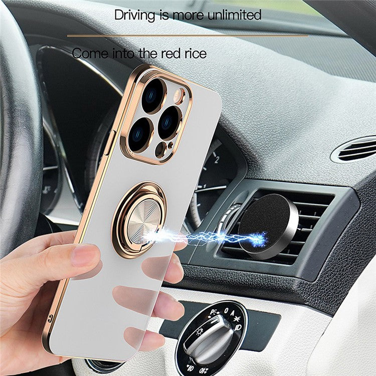 Anti-fall Phone Case Kickstand For iPhone 14 Pro Max 6.7 inch, Ring Holder 9D Electroplating Precise Cutout Ultra Slim Phone Back Cover - White