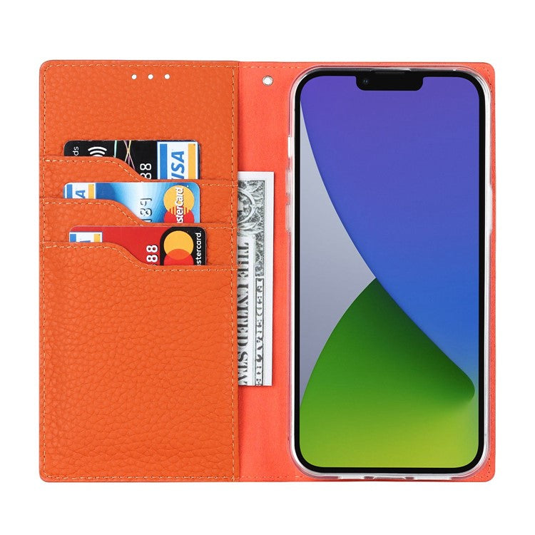 Genuine Leather Case for iPhone 14 6.1 inch, Litchi Texture Drop-proof Phone Wallet Stand Cover with Hand Strap - Orange