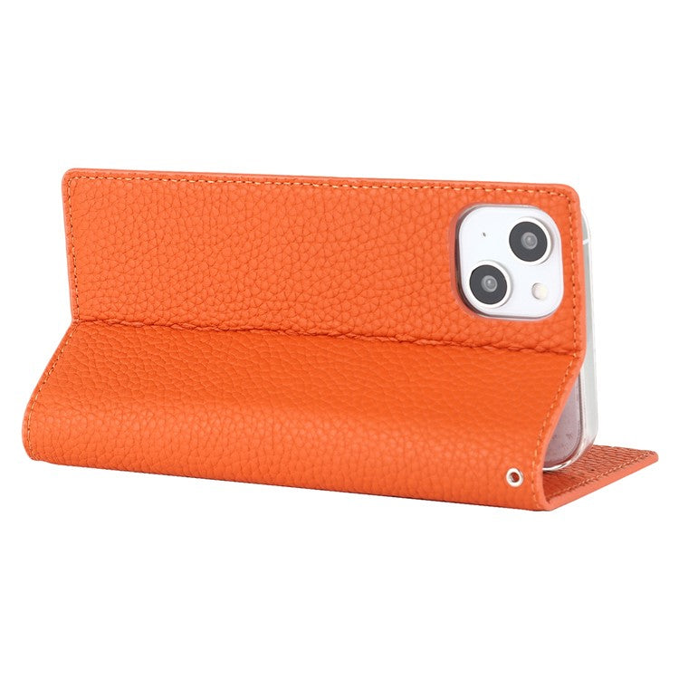Genuine Leather Case for iPhone 14 6.1 inch, Litchi Texture Drop-proof Phone Wallet Stand Cover with Hand Strap - Orange