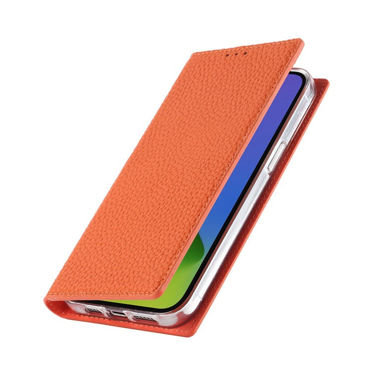 Genuine Leather Case for iPhone 14 6.1 inch, Litchi Texture Drop-proof Phone Wallet Stand Cover with Hand Strap - Orange
