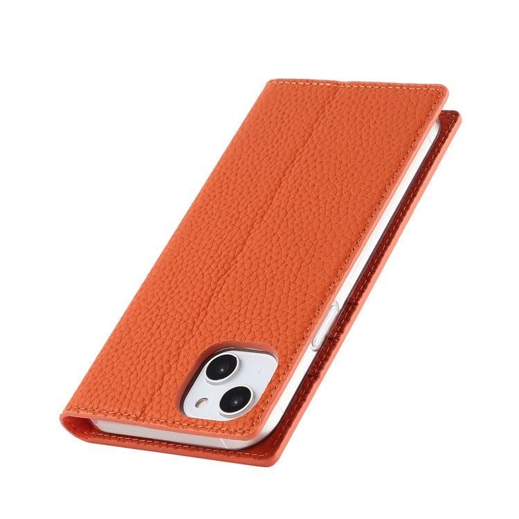 Genuine Leather Case for iPhone 14 6.1 inch, Litchi Texture Drop-proof Phone Wallet Stand Cover with Hand Strap - Orange