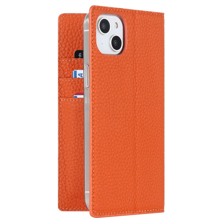 Genuine Leather Case for iPhone 14 6.1 inch, Litchi Texture Drop-proof Phone Wallet Stand Cover with Hand Strap - Orange