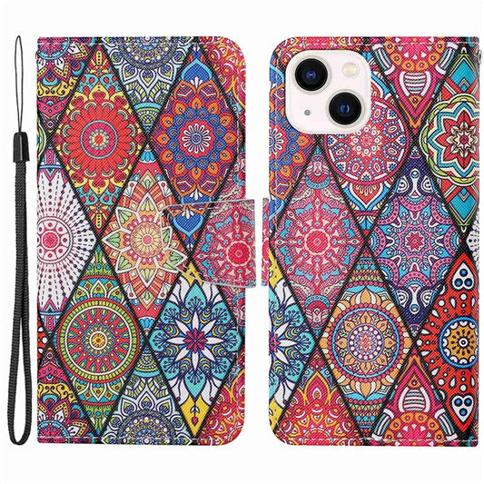 For iPhone 14 6.1 inch Cross Texture Pattern Printing Phone Cover Stand Wallet PU Leather Magnetic Clasp Case - Rhombus / Totem