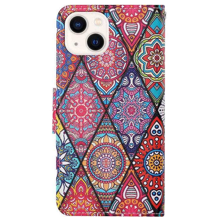 For iPhone 14 6.1 inch Cross Texture Pattern Printing Phone Cover Stand Wallet PU Leather Magnetic Clasp Case - Rhombus / Totem