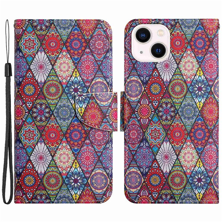 For iPhone 14 6.1 inch Cross Texture Pattern Printing Phone Cover Stand Wallet PU Leather Magnetic Clasp Case - Kaleidoscope