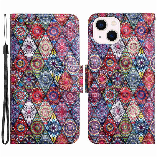 For iPhone 14 6.1 inch Cross Texture Pattern Printing Phone Cover Stand Wallet PU Leather Magnetic Clasp Case - Kaleidoscope
