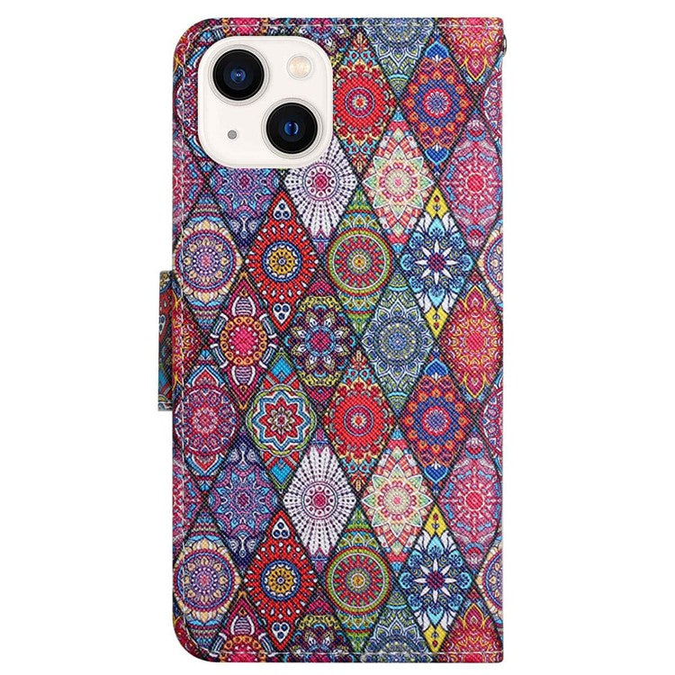 For iPhone 14 6.1 inch Cross Texture Pattern Printing Phone Cover Stand Wallet PU Leather Magnetic Clasp Case - Kaleidoscope