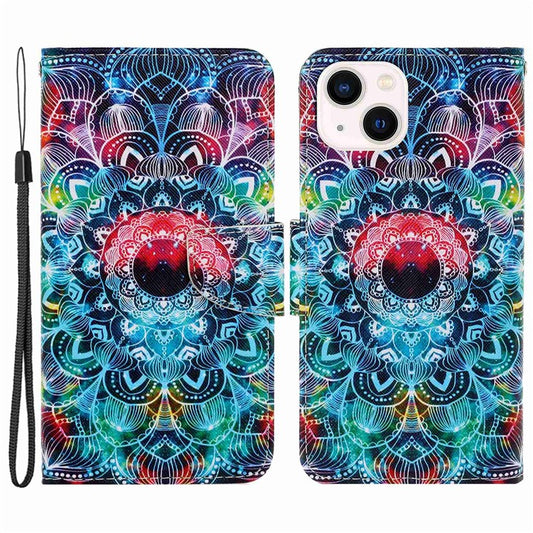 For iPhone 14 Plus Cross Texture PU Leather Case Pattern Printing Foldable Stand Phone Wallet Full Protection Case - Mandala