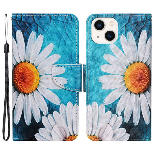 For iPhone 14 Plus Cross Texture PU Leather Case Pattern Printing Foldable Stand Phone Wallet Full Protection Case - Large Chrysanthemum