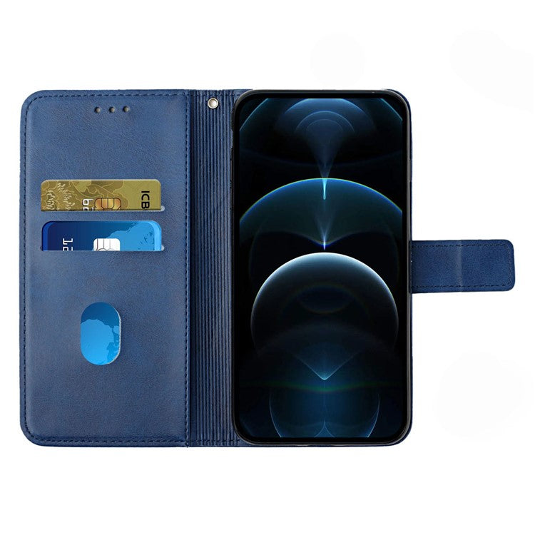 For iPhone 14 6.1 inch Solid Color Stand Wallet Anti-fall Case Line Imprinting PU Leather+TPU Phone Cover - Blue