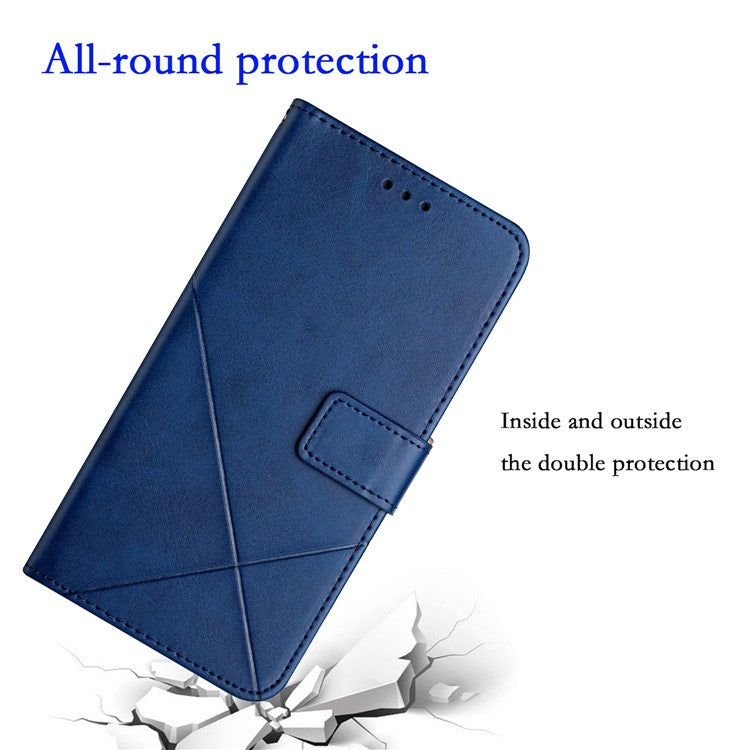 For iPhone 14 6.1 inch Solid Color Stand Wallet Anti-fall Case Line Imprinting PU Leather+TPU Phone Cover - Blue