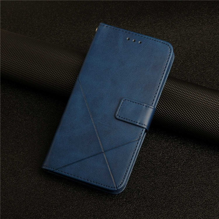 For iPhone 14 6.1 inch Solid Color Stand Wallet Anti-fall Case Line Imprinting PU Leather+TPU Phone Cover - Blue