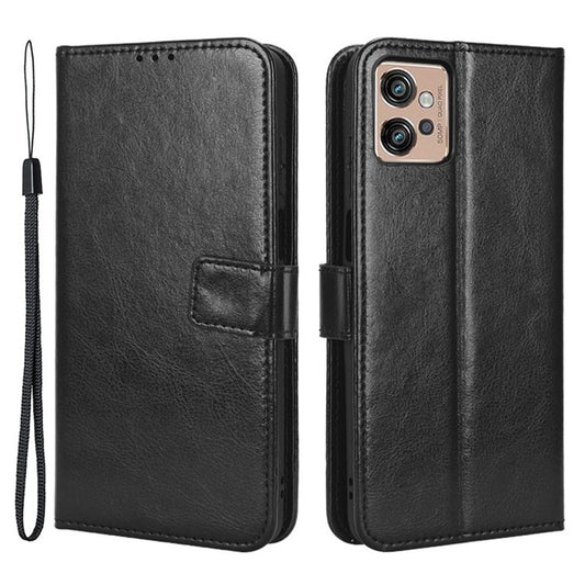 Crazy Horse Texture PU Leather Case for Motorola Moto G32 4G, Full Protection Phone Stand Wallet Cover - Black
